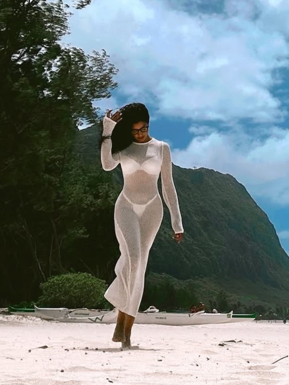 DE BASE Sheer Open-Knit Cream Maxi Cover Up